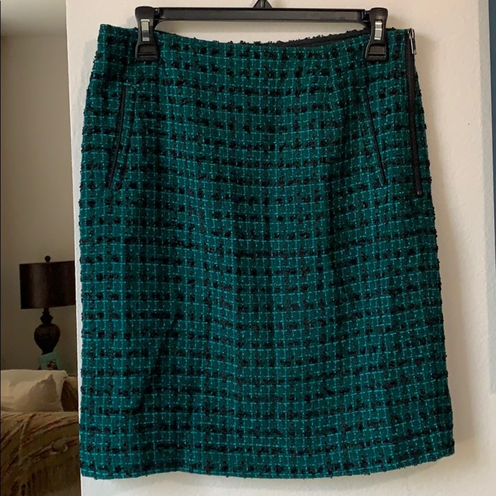 Turq. And black tweed pencil skirt! Halogen
